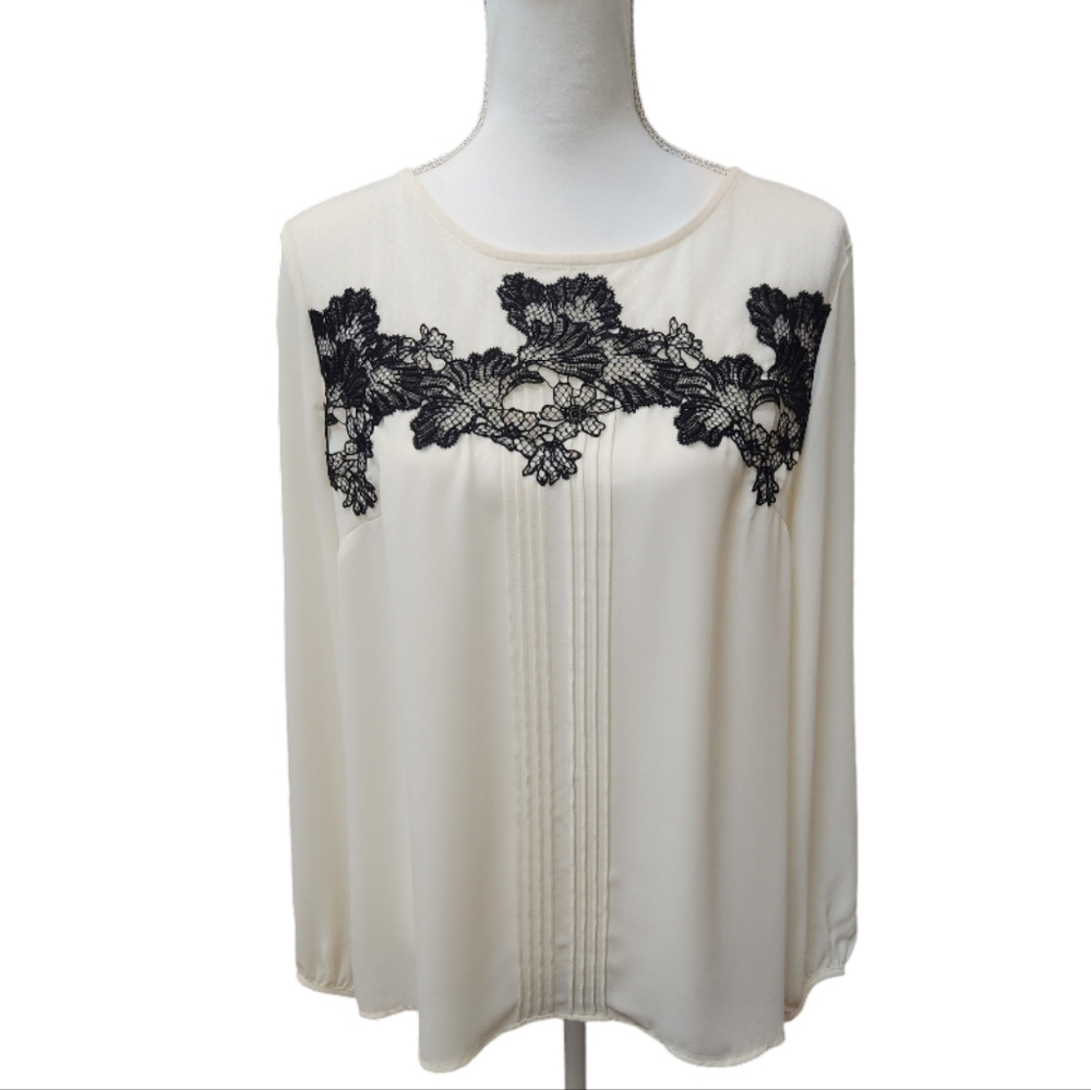 Talbots Women's Cream Long Sleeve Blouse with Black Lace Inset Size Large